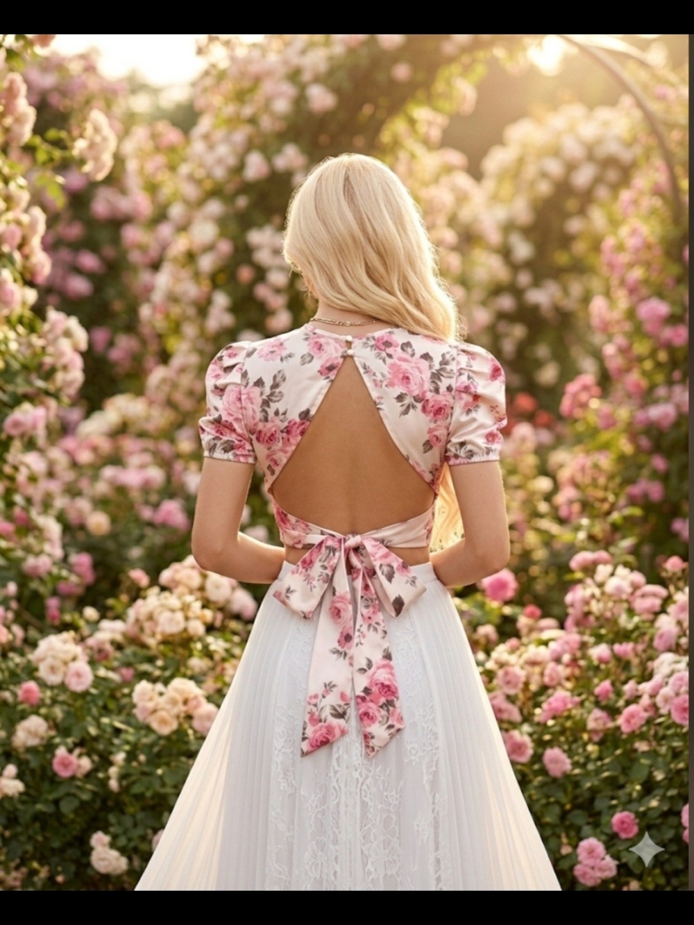 White Floral Crop Top with Pink Rose Print